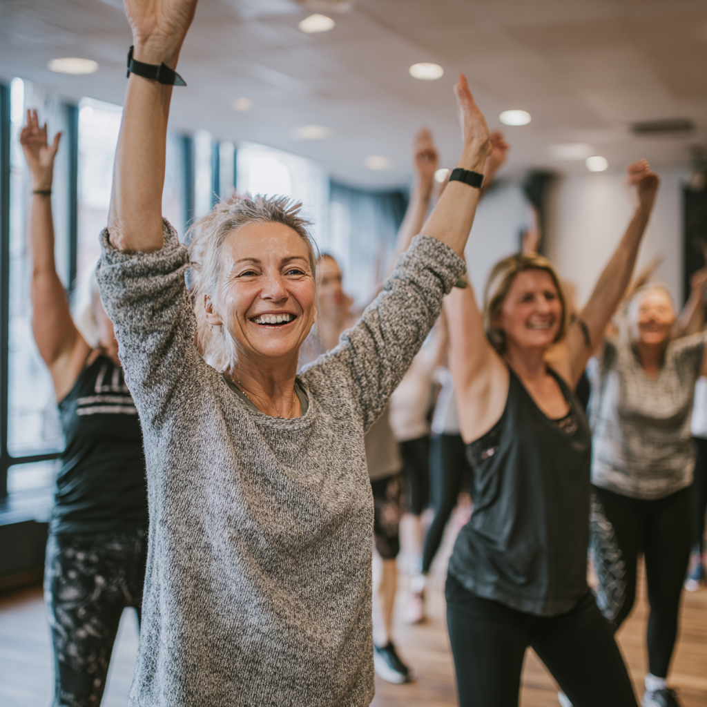 White ukraniane group of adults aged 30-50 celebrating fitness achievements in supportive community environment