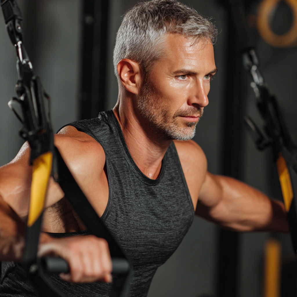 middle-aged person performing functional training movements in modern fitness studio